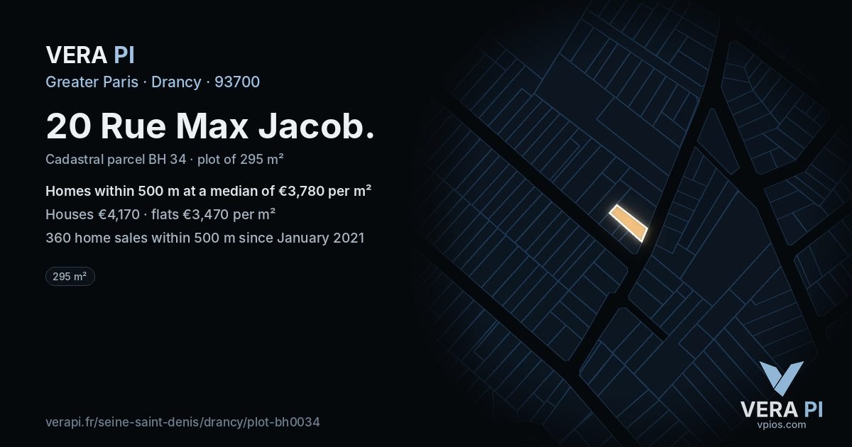 20 Rue Max Jacob, Drancy at night – the plot lit, the parcels around coloured by the prices near them