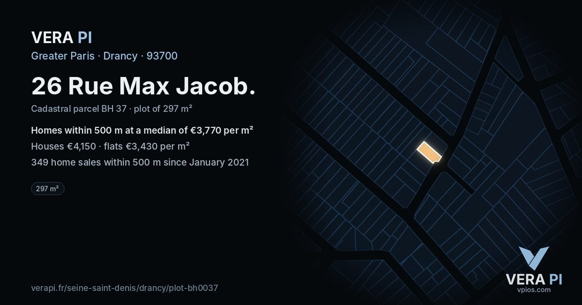 26 Rue Max Jacob, Drancy at night – the plot lit, the parcels around coloured by the prices near them