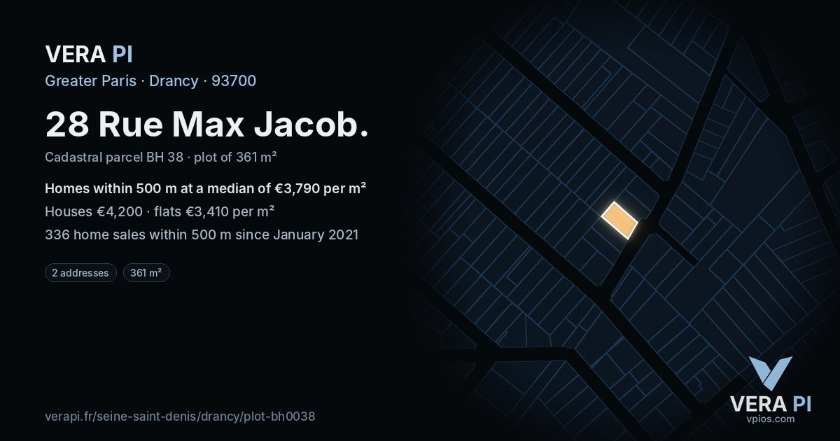 28 Rue Max Jacob, Drancy at night – the plot lit, the parcels around coloured by the prices near them