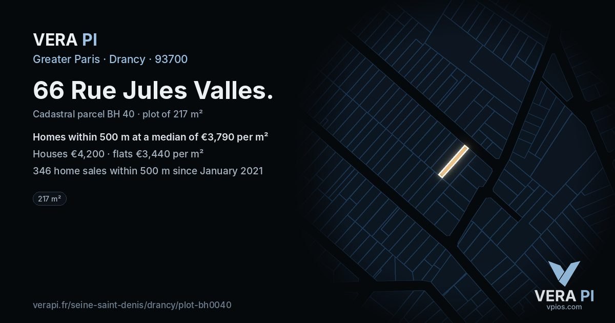 66 Rue Jules Valles, Drancy at night – the plot lit, the parcels around coloured by the prices near them
