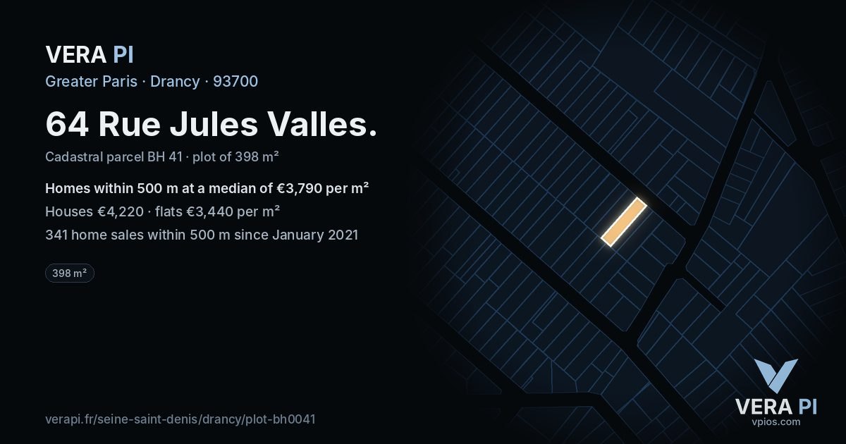 64 Rue Jules Valles, Drancy at night – the plot lit, the parcels around coloured by the prices near them