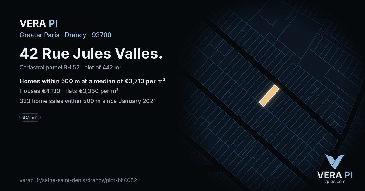 42 Rue Jules Valles, Drancy at night – the plot lit, the parcels around coloured by the prices near them
