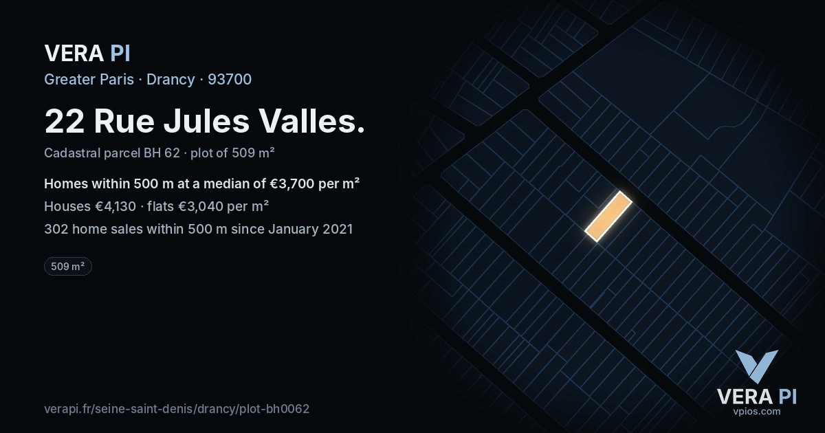 22 Rue Jules Valles, Drancy at night – the plot lit, the parcels around coloured by the prices near them