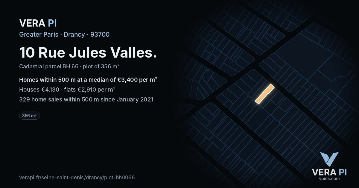 10 Rue Jules Valles, Drancy at night – the plot lit, the parcels around coloured by the prices near them