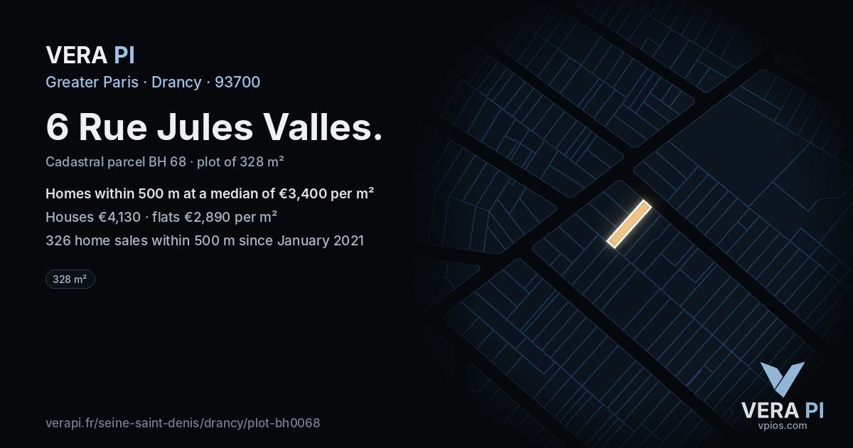6 Rue Jules Valles, Drancy at night – the plot lit, the parcels around coloured by the prices near them
