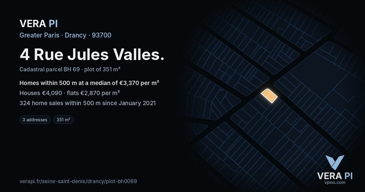 4 Rue Jules Valles, Drancy at night – the plot lit, the parcels around coloured by the prices near them