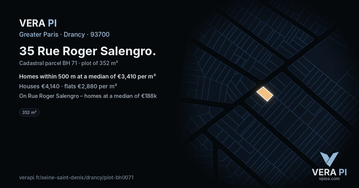 35 Rue Roger Salengro, Drancy at night – the plot lit, the parcels around coloured by the prices near them