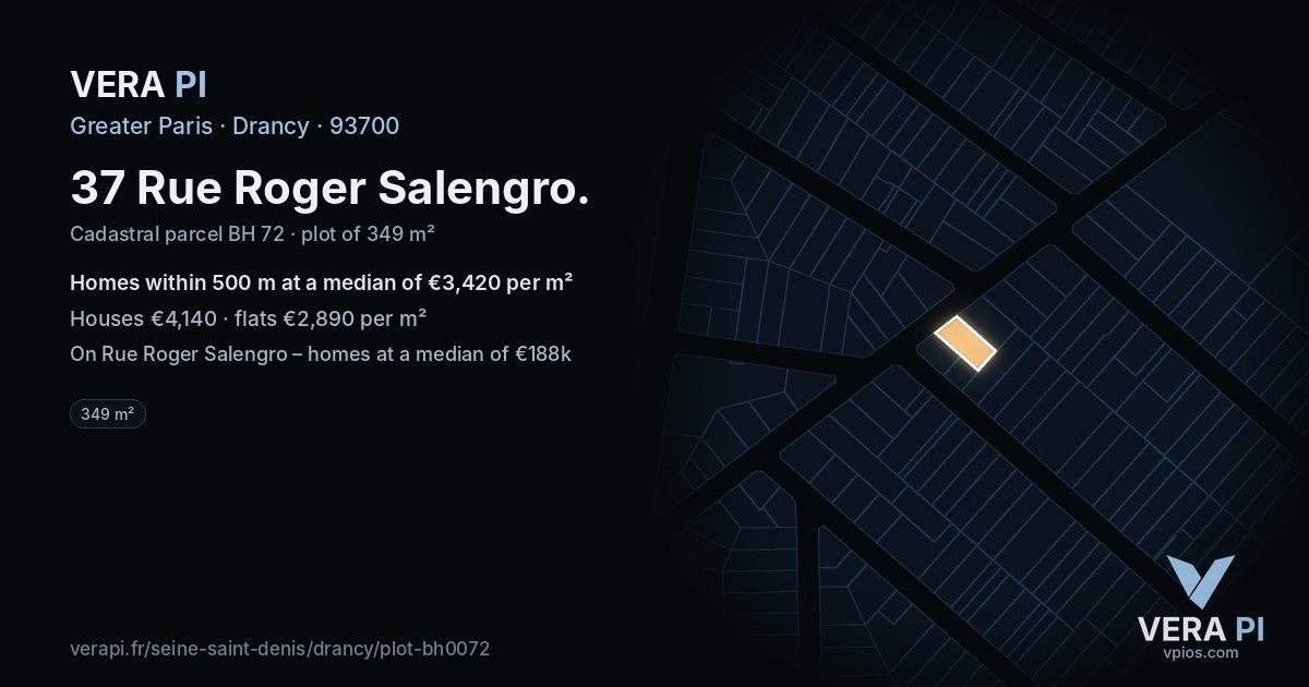 37 Rue Roger Salengro, Drancy at night – the plot lit, the parcels around coloured by the prices near them