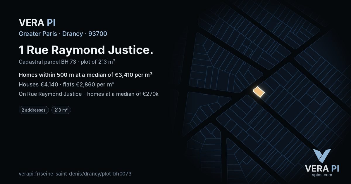 1 Rue Raymond Justice, Drancy at night – the plot lit, the parcels around coloured by the prices near them