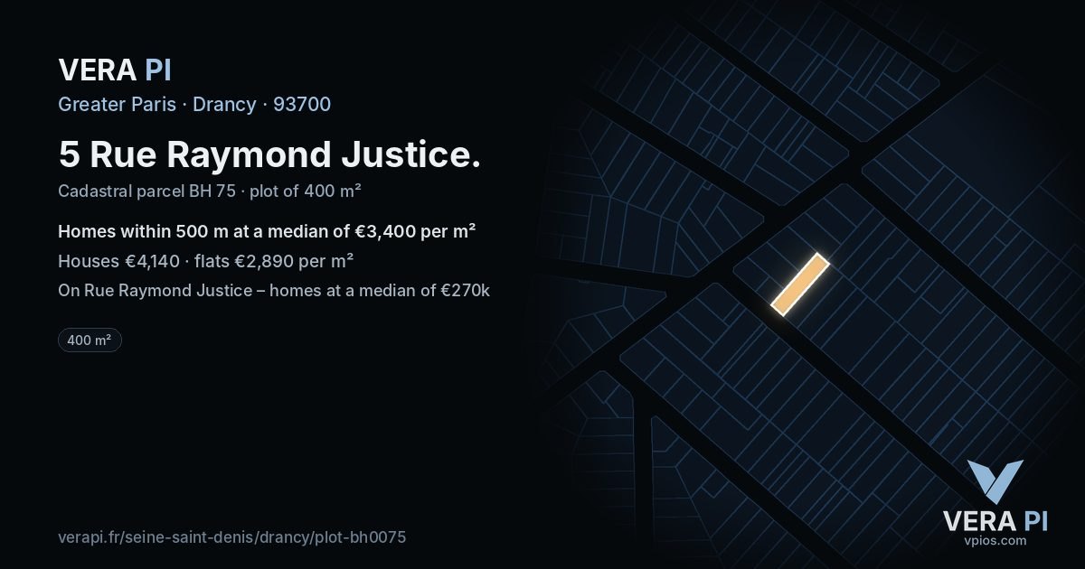 5 Rue Raymond Justice, Drancy at night – the plot lit, the parcels around coloured by the prices near them