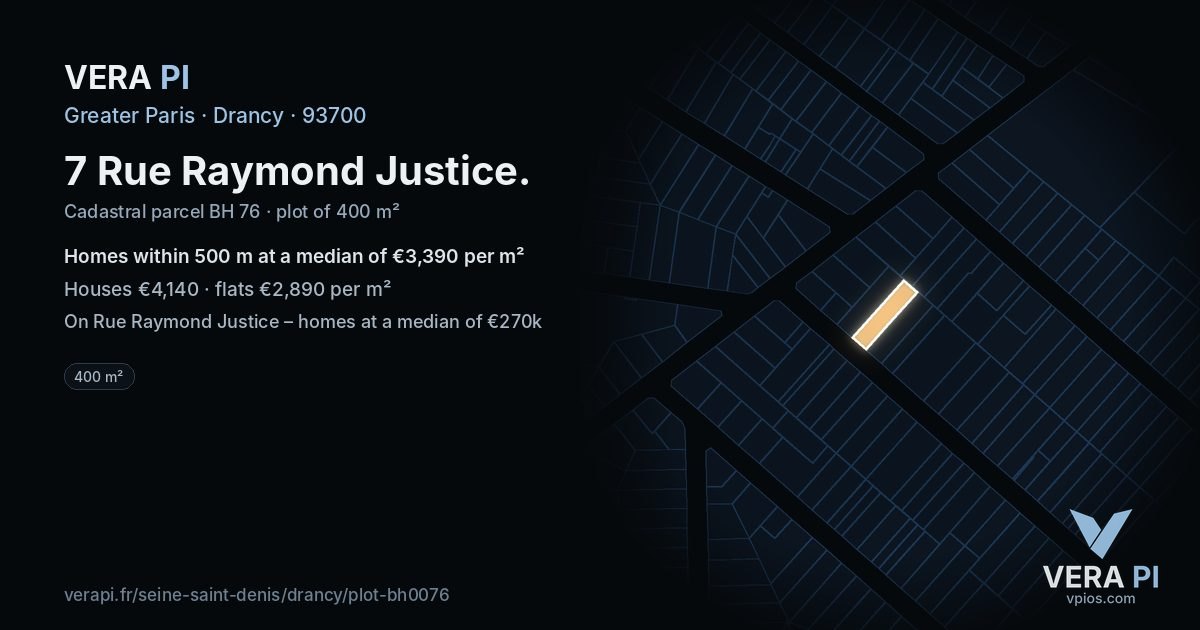 7 Rue Raymond Justice, Drancy at night – the plot lit, the parcels around coloured by the prices near them