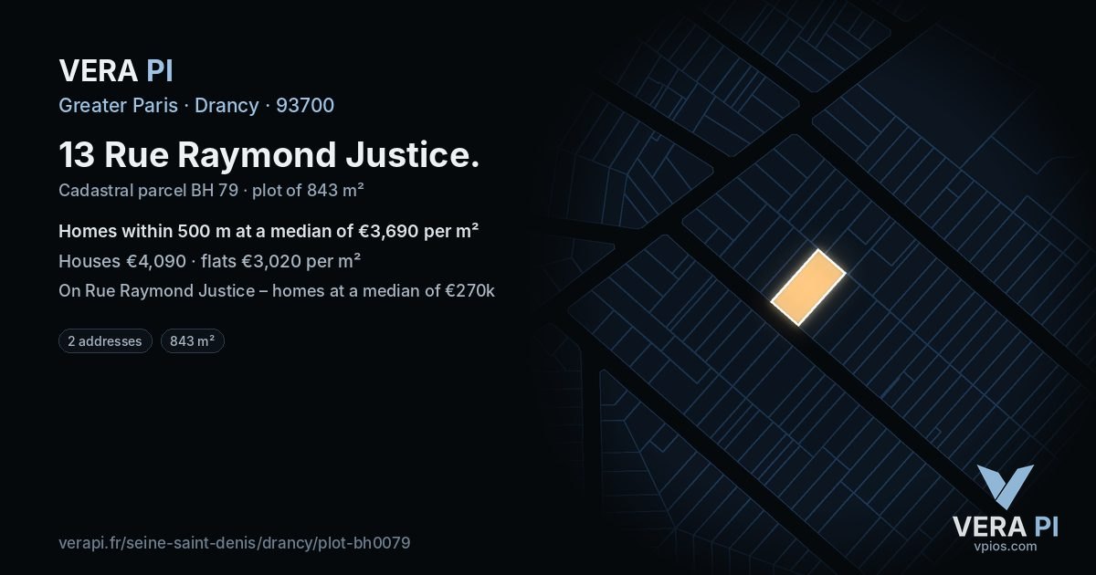 13 Rue Raymond Justice, Drancy at night – the plot lit, the parcels around coloured by the prices near them