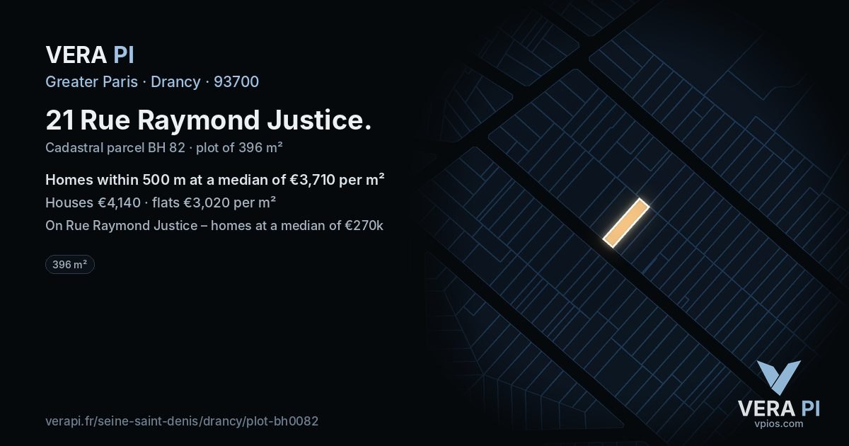 21 Rue Raymond Justice, Drancy at night – the plot lit, the parcels around coloured by the prices near them