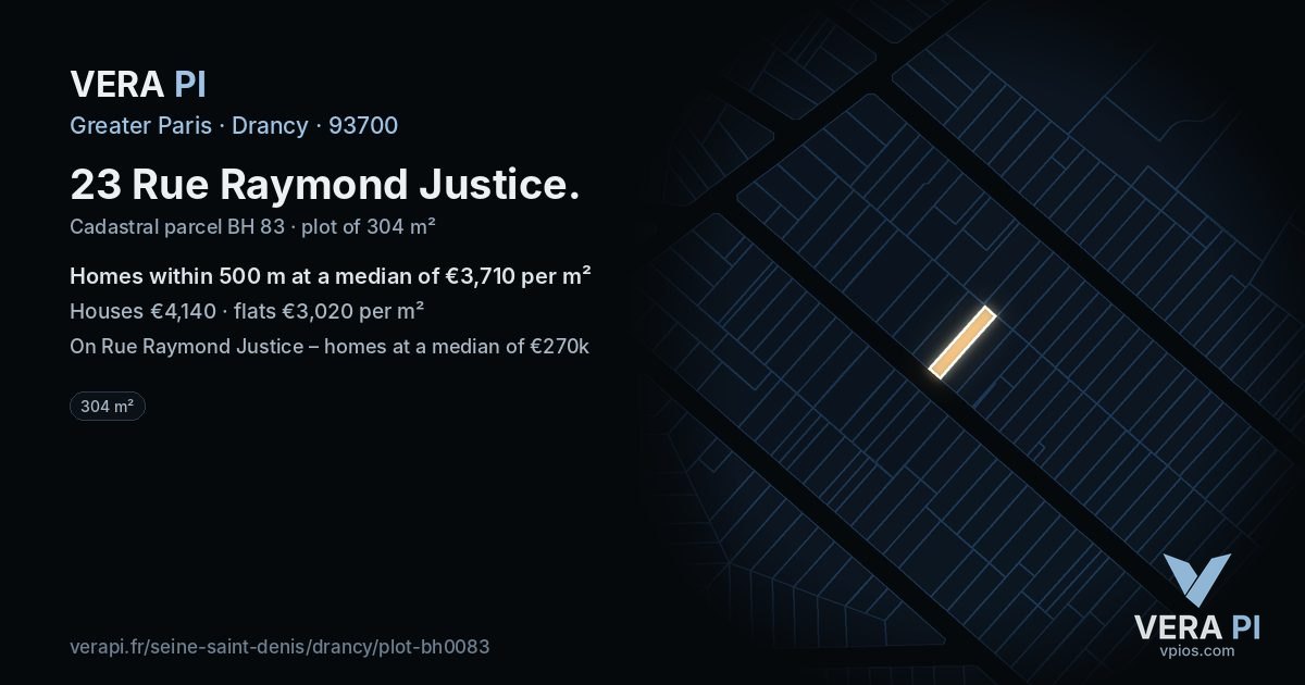 23 Rue Raymond Justice, Drancy at night – the plot lit, the parcels around coloured by the prices near them
