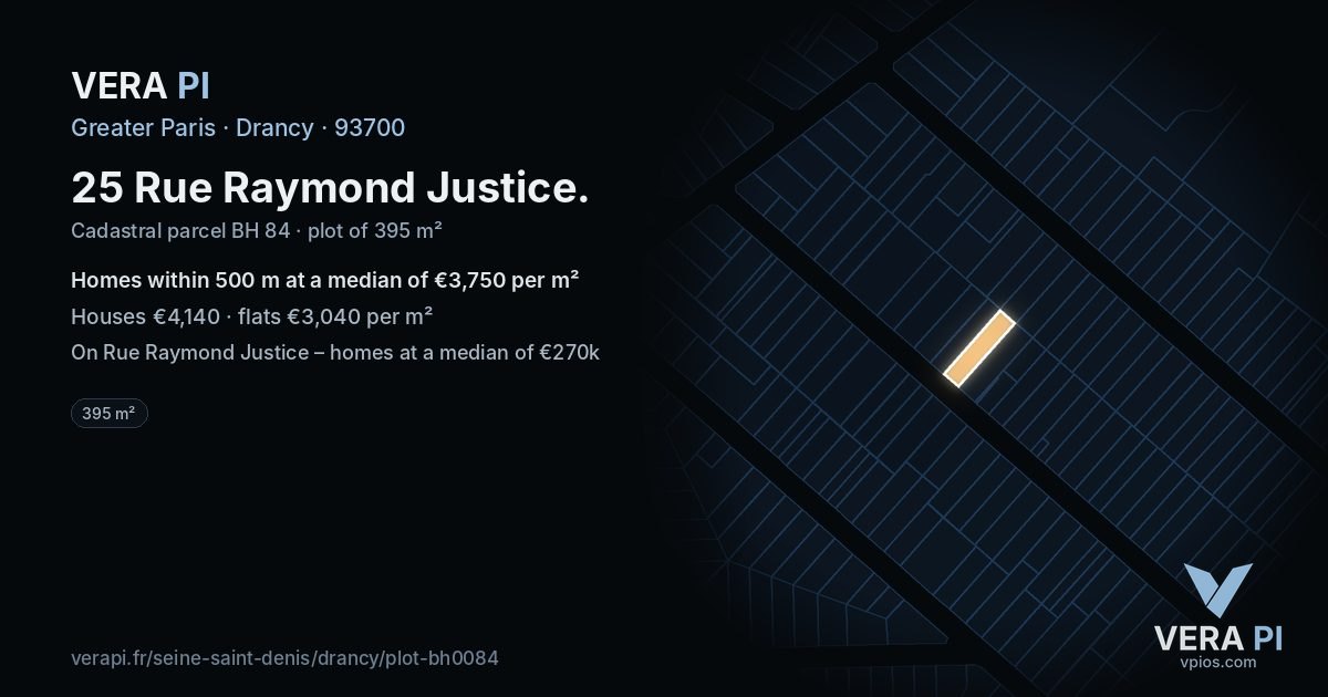 25 Rue Raymond Justice, Drancy at night – the plot lit, the parcels around coloured by the prices near them