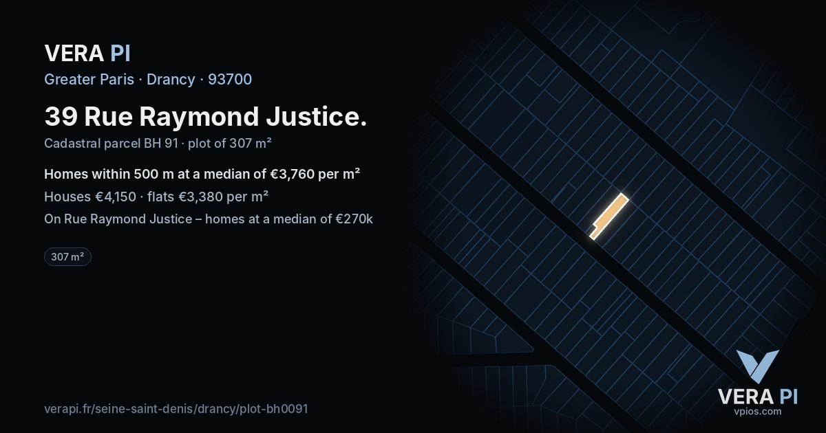 39 Rue Raymond Justice, Drancy at night – the plot lit, the parcels around coloured by the prices near them