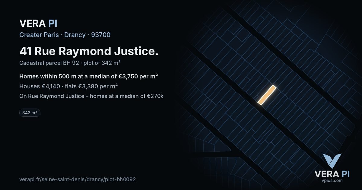 41 Rue Raymond Justice, Drancy at night – the plot lit, the parcels around coloured by the prices near them