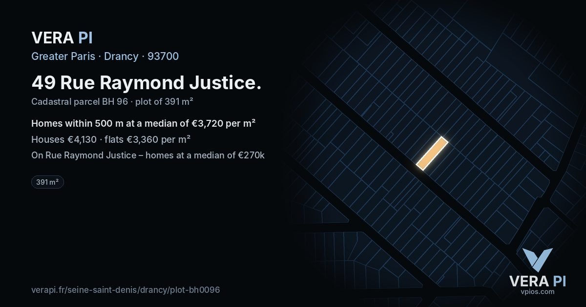 49 Rue Raymond Justice, Drancy at night – the plot lit, the parcels around coloured by the prices near them