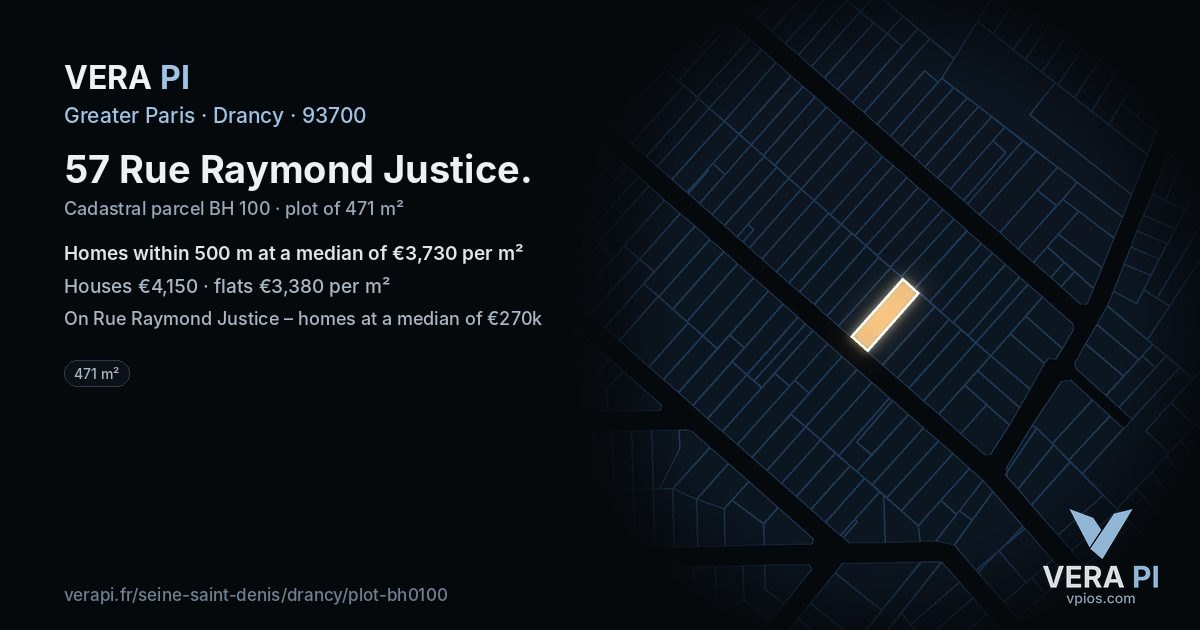 57 Rue Raymond Justice, Drancy at night – the plot lit, the parcels around coloured by the prices near them