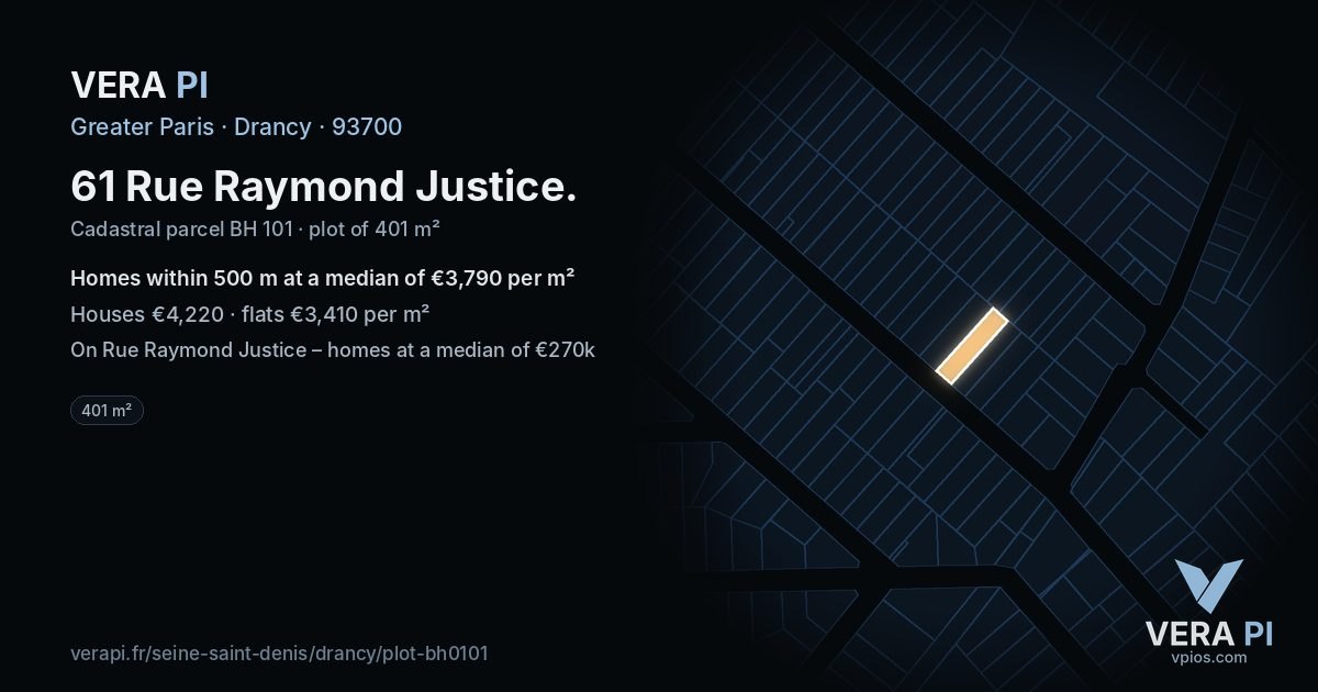 61 Rue Raymond Justice, Drancy at night – the plot lit, the parcels around coloured by the prices near them