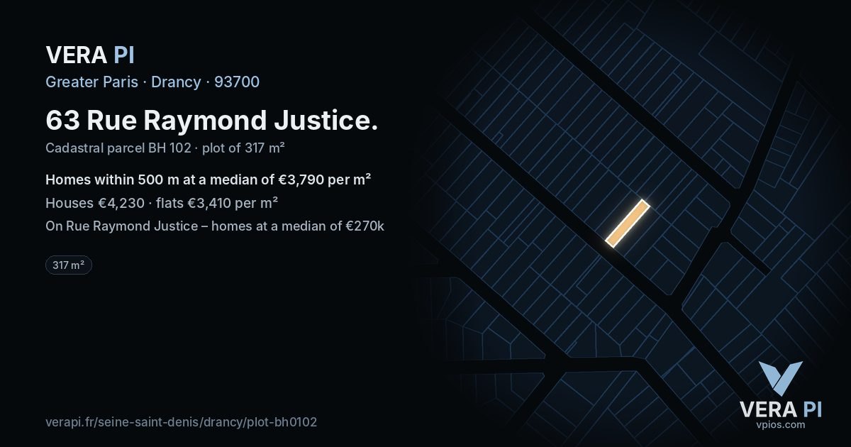 63 Rue Raymond Justice, Drancy at night – the plot lit, the parcels around coloured by the prices near them