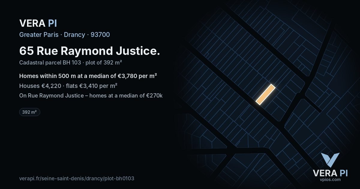 65 Rue Raymond Justice, Drancy at night – the plot lit, the parcels around coloured by the prices near them