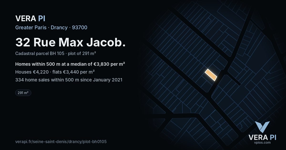 32 Rue Max Jacob, Drancy at night – the plot lit, the parcels around coloured by the prices near them