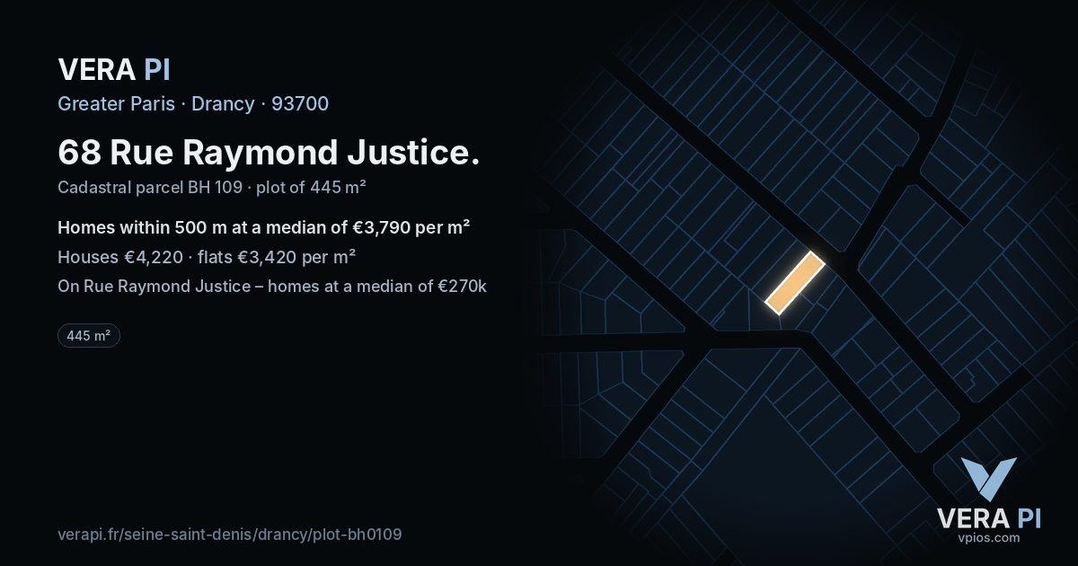 68 Rue Raymond Justice, Drancy at night – the plot lit, the parcels around coloured by the prices near them