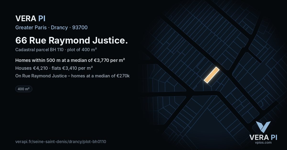 66 Rue Raymond Justice, Drancy at night – the plot lit, the parcels around coloured by the prices near them