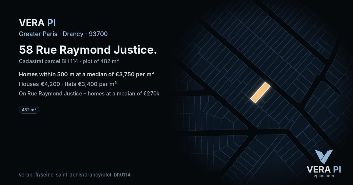 58 Rue Raymond Justice, Drancy at night – the plot lit, the parcels around coloured by the prices near them