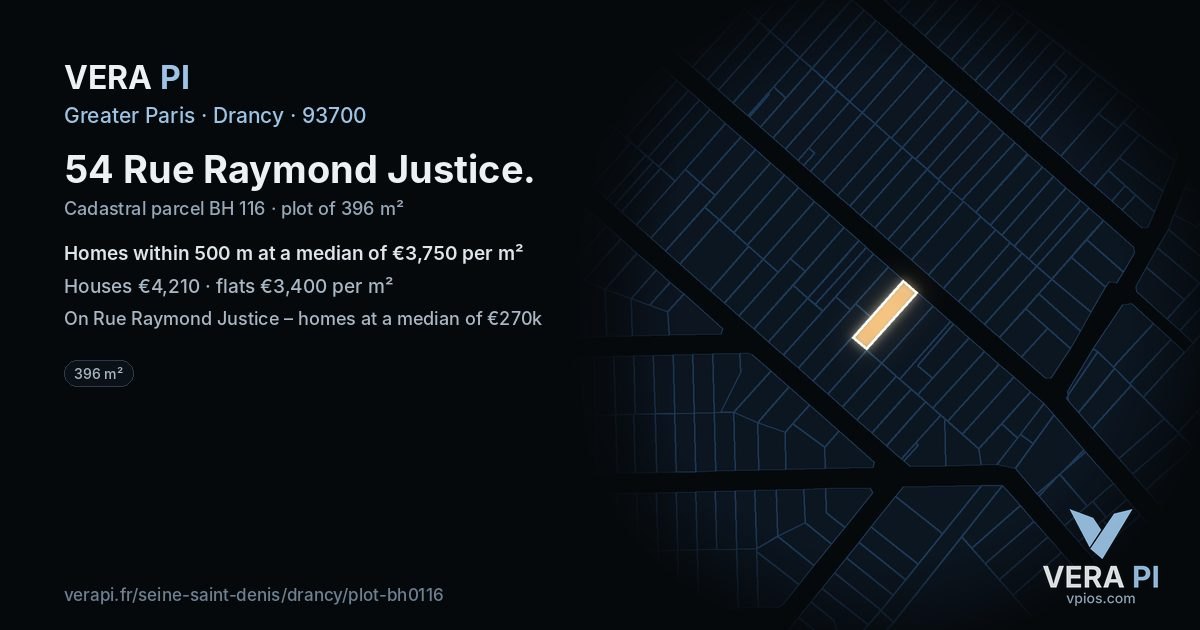 54 Rue Raymond Justice, Drancy at night – the plot lit, the parcels around coloured by the prices near them
