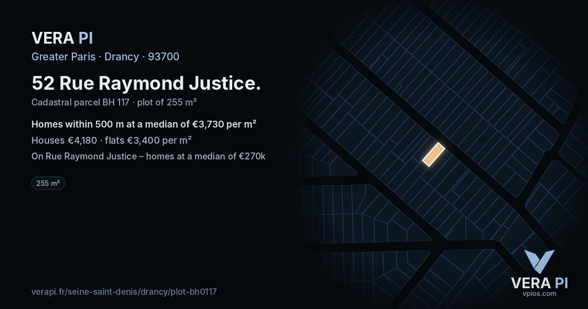 52 Rue Raymond Justice, Drancy at night – the plot lit, the parcels around coloured by the prices near them