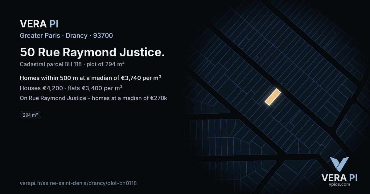50 Rue Raymond Justice, Drancy at night – the plot lit, the parcels around coloured by the prices near them