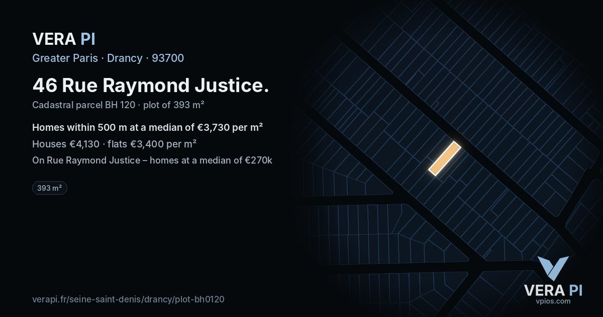 46 Rue Raymond Justice, Drancy at night – the plot lit, the parcels around coloured by the prices near them