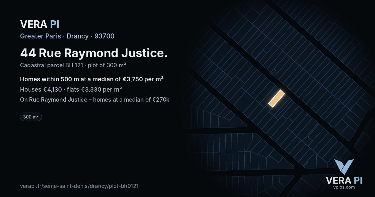 44 Rue Raymond Justice, Drancy at night – the plot lit, the parcels around coloured by the prices near them