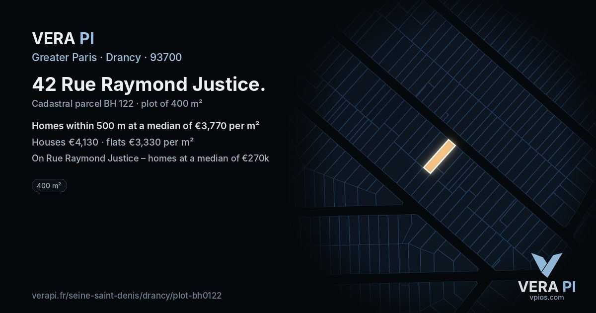 42 Rue Raymond Justice, Drancy at night – the plot lit, the parcels around coloured by the prices near them