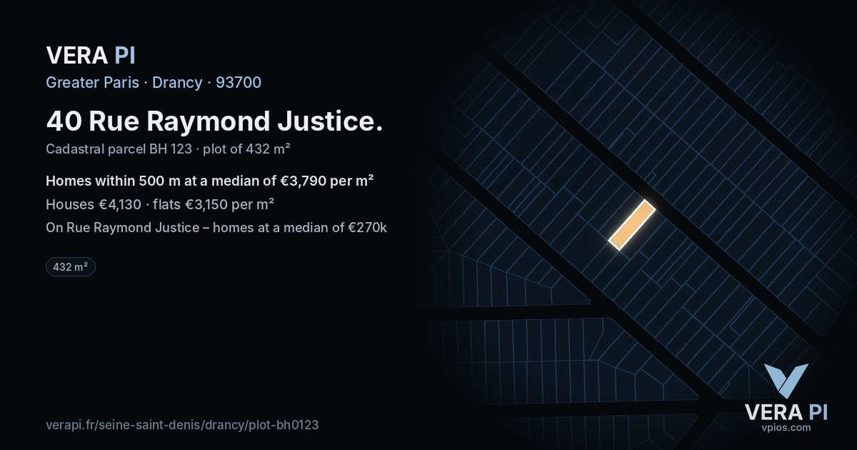 40 Rue Raymond Justice, Drancy at night – the plot lit, the parcels around coloured by the prices near them