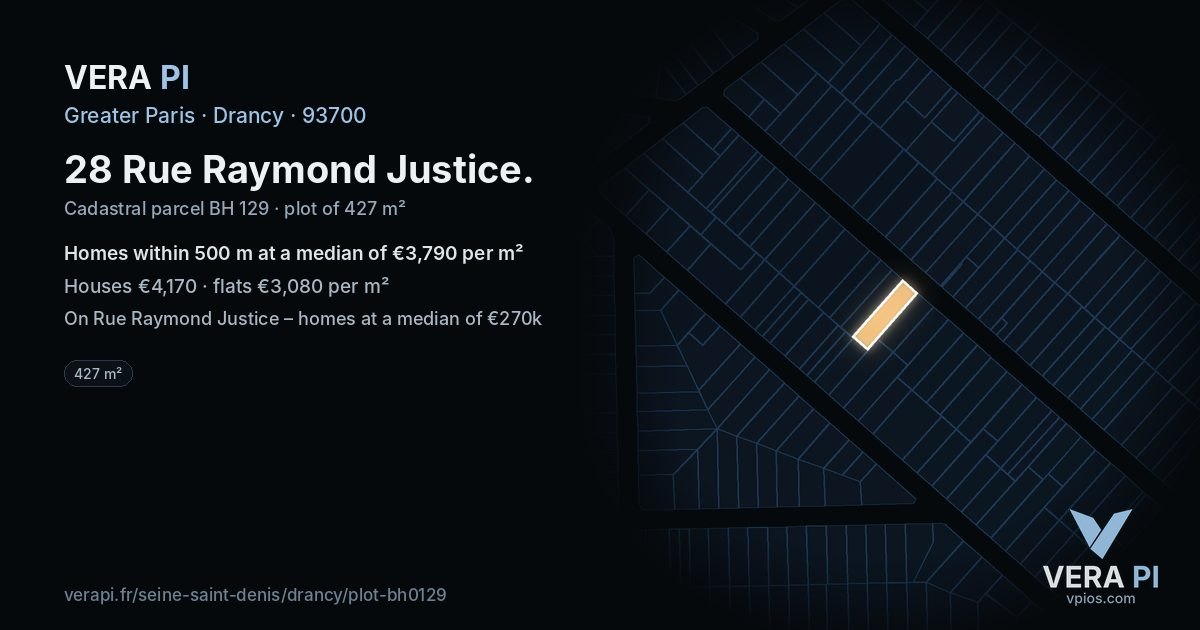 28 Rue Raymond Justice, Drancy at night – the plot lit, the parcels around coloured by the prices near them