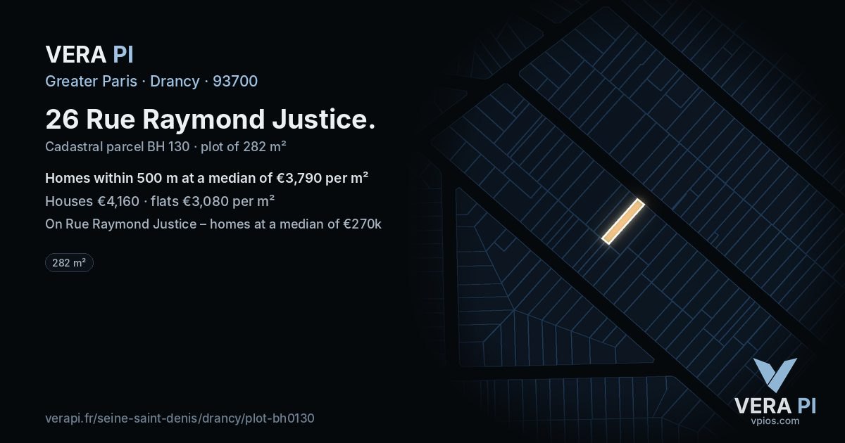 26 Rue Raymond Justice, Drancy at night – the plot lit, the parcels around coloured by the prices near them