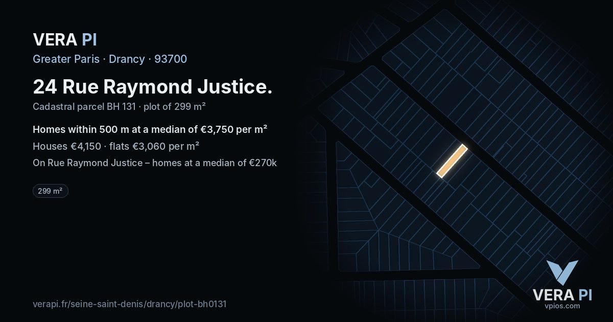 24 Rue Raymond Justice, Drancy at night – the plot lit, the parcels around coloured by the prices near them