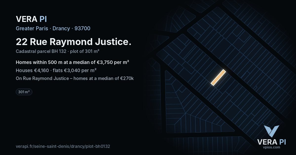 22 Rue Raymond Justice, Drancy at night – the plot lit, the parcels around coloured by the prices near them