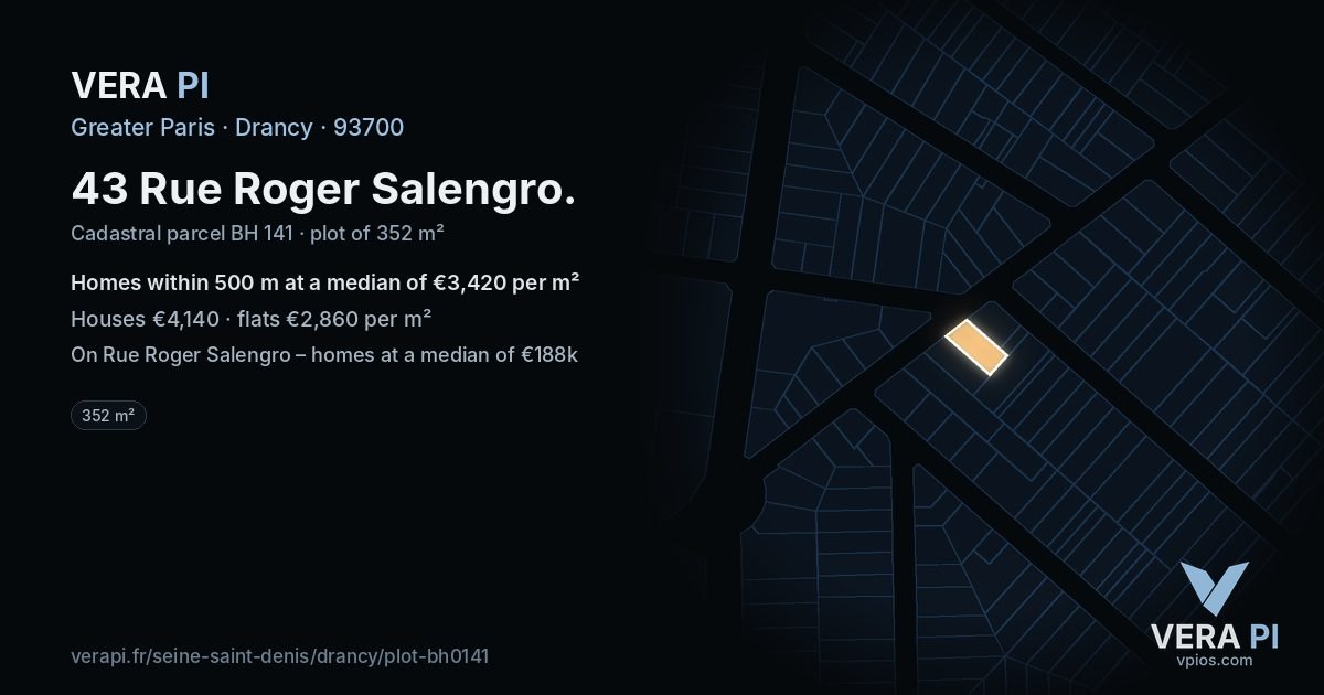 43 Rue Roger Salengro, Drancy at night – the plot lit, the parcels around coloured by the prices near them