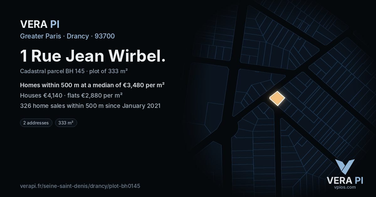 1 Rue Jean Wirbel, Drancy at night – the plot lit, the parcels around coloured by the prices near them