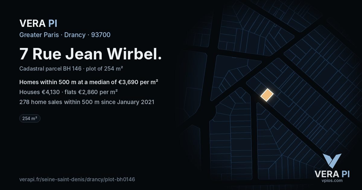 7 Rue Jean Wirbel, Drancy at night – the plot lit, the parcels around coloured by the prices near them