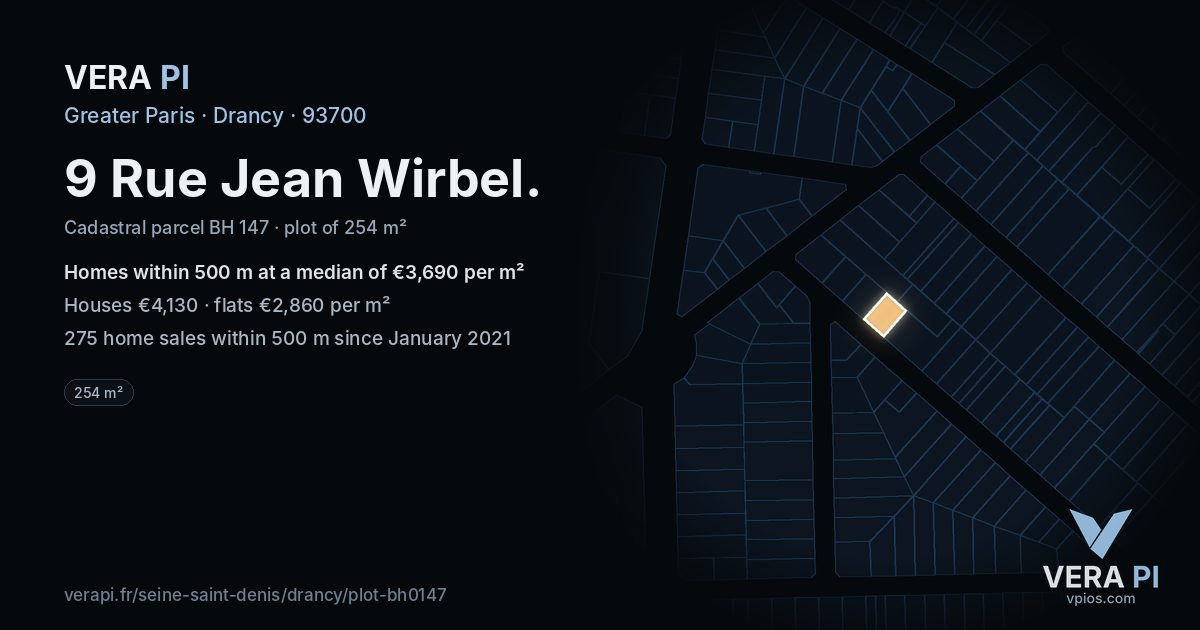 9 Rue Jean Wirbel, Drancy at night – the plot lit, the parcels around coloured by the prices near them
