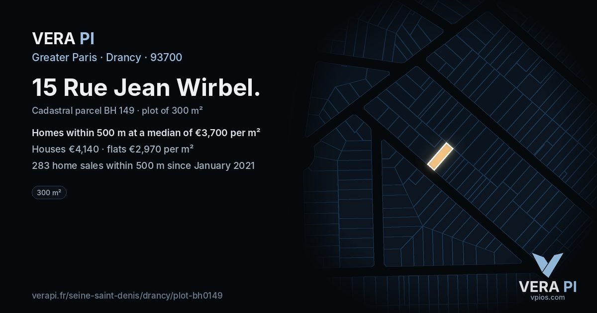 15 Rue Jean Wirbel, Drancy at night – the plot lit, the parcels around coloured by the prices near them