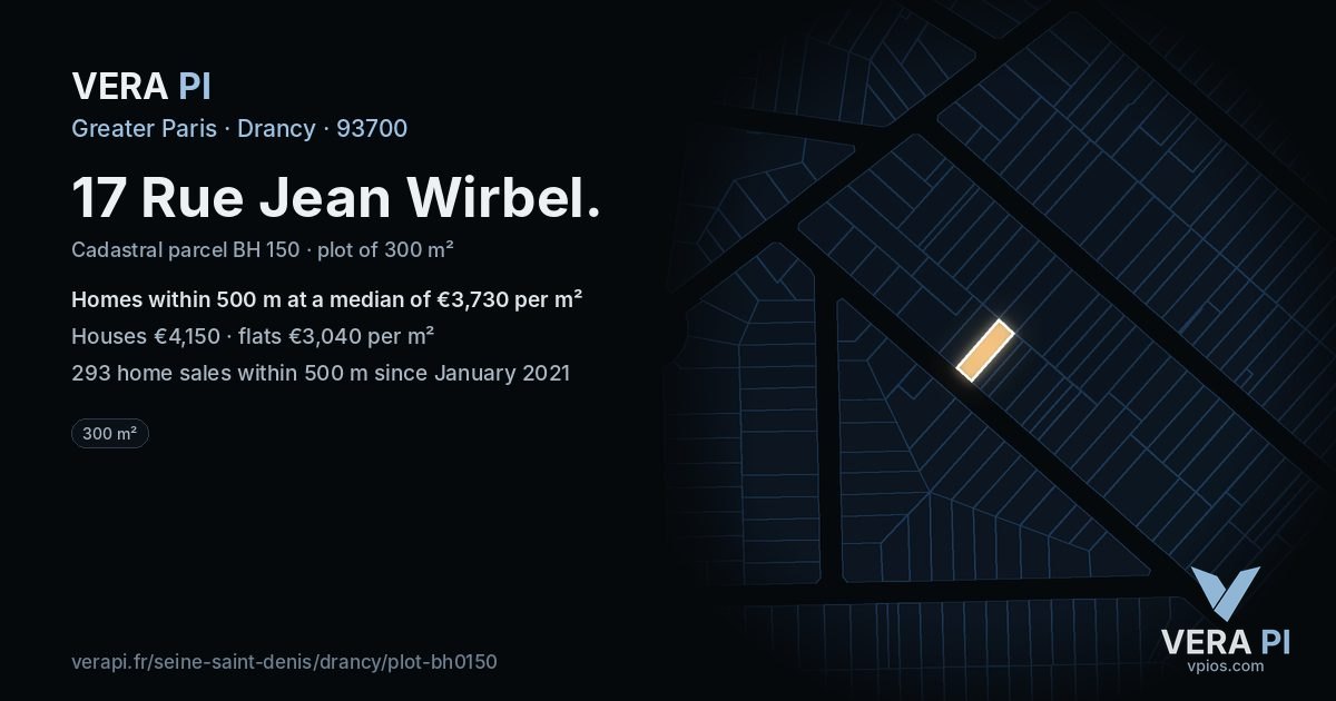 17 Rue Jean Wirbel, Drancy at night – the plot lit, the parcels around coloured by the prices near them