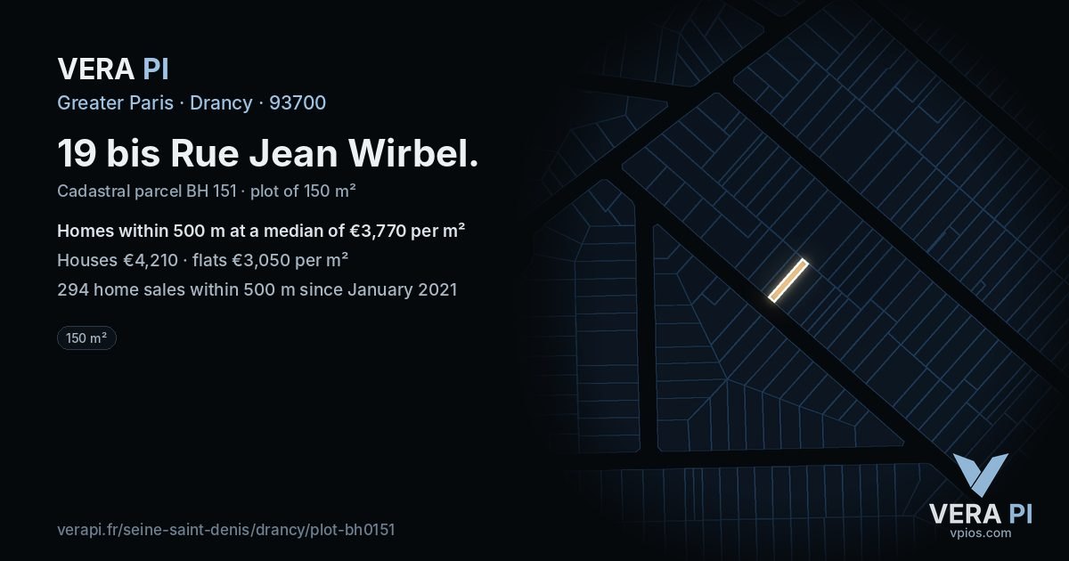 19 bis Rue Jean Wirbel, Drancy at night – the plot lit, the parcels around coloured by the prices near them