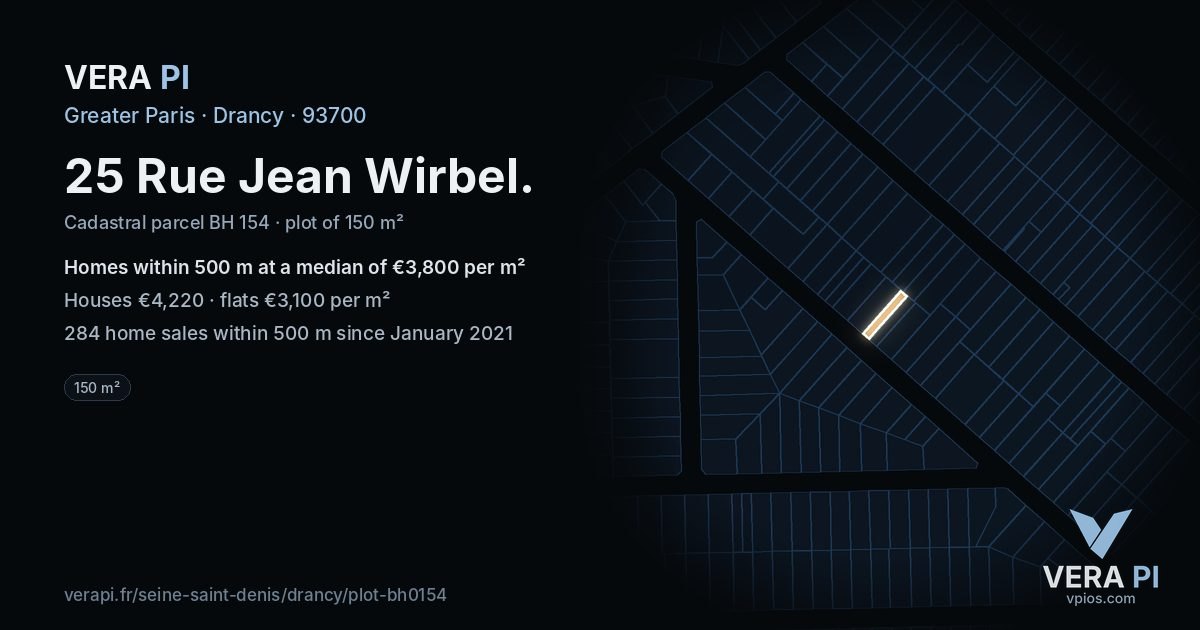 25 Rue Jean Wirbel, Drancy at night – the plot lit, the parcels around coloured by the prices near them