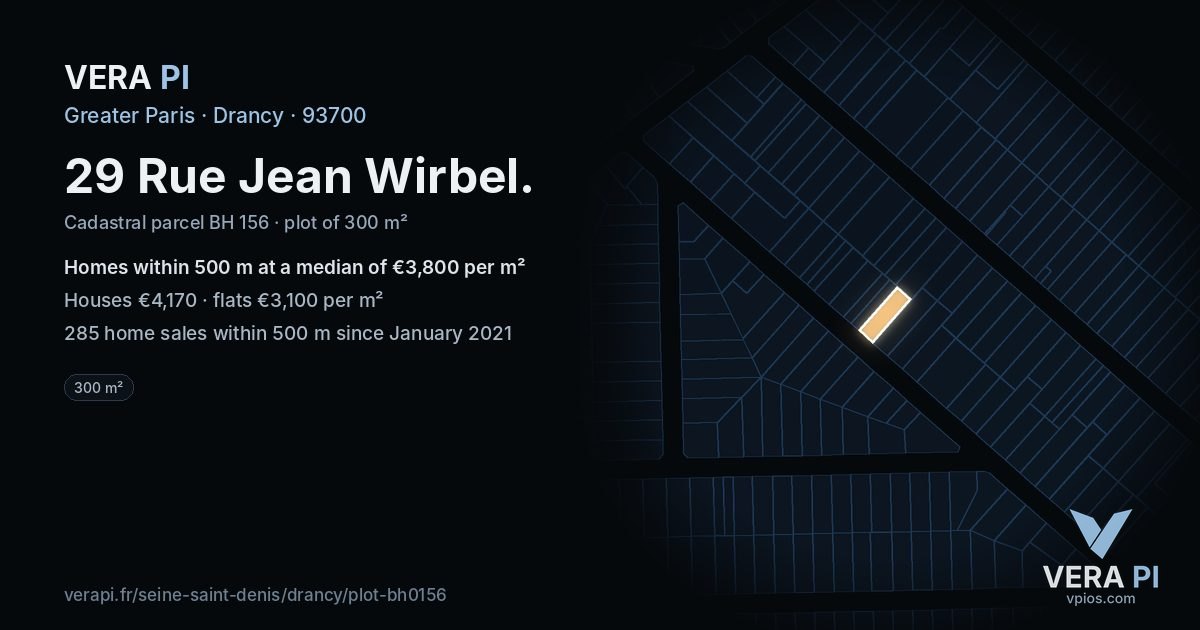 29 Rue Jean Wirbel, Drancy at night – the plot lit, the parcels around coloured by the prices near them